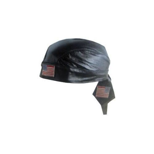 Biker skull cap du-rag black leather - usa american head wrap motorcycle unik