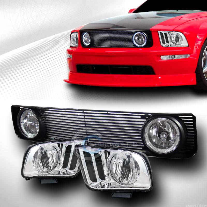 Chrome head lights+horizontal front grill grille blk w/halo fog 05-09 mustang v6