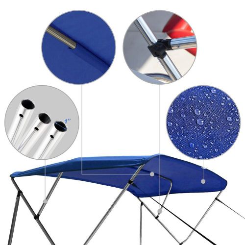 3 bow bimini top boat cover with rear support, blue, 6&#039;l x 46&#034;h x 79&#034;-84&#034;w