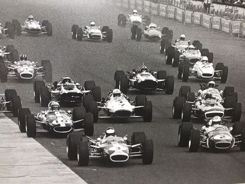 1967 german grand prix start, jim clark leads the field car poster rare shot!