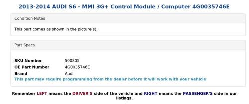 2013-2014 audi s6 - mmi 3g+ control module / computer 4g0035746e