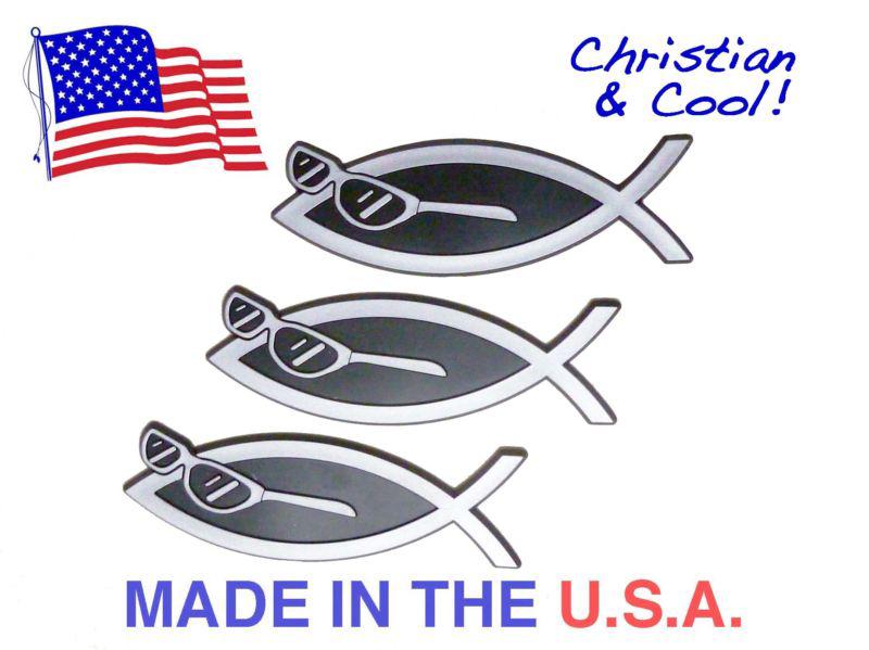 3 christian fish w/sunglasses emblems 5.5" for your auto, car, truck ...