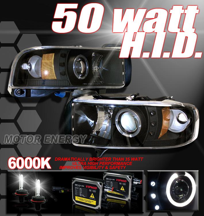 94-01 dodge ram projector headlight+50w 6000k hid black