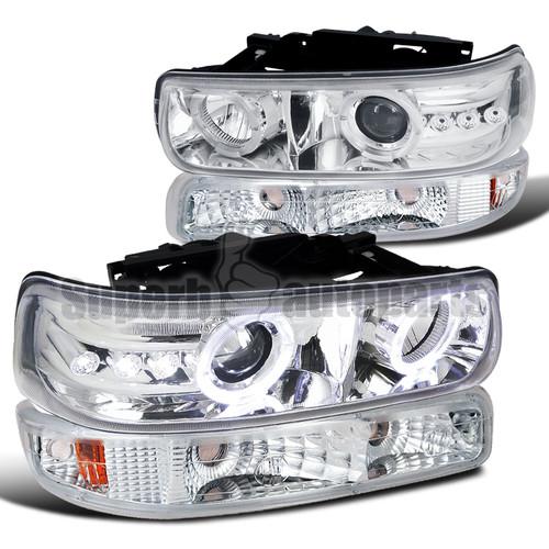 1999-2002 chevy silverado dual halo led headlights chrome+bumper lamps clear