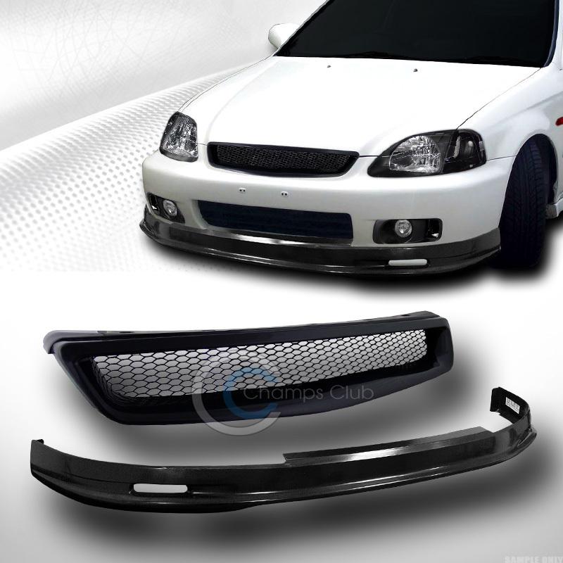 Black mu pu front spoiler bumper lip kit+aluminum mesh grill grille 99-00 civic