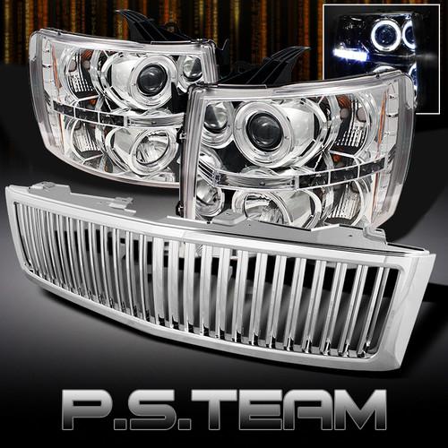 07-12 silverado dual halo projector led headlights+vertical chrome front grille