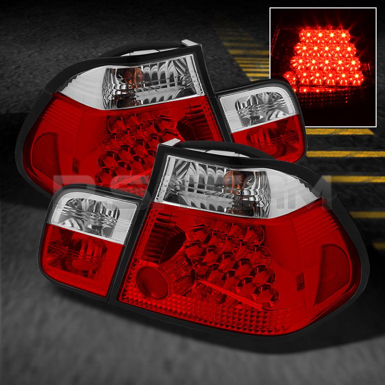 99-01 bmw e46 3-series 4dr sedan jdm red clear led tail lights w/trunk piece