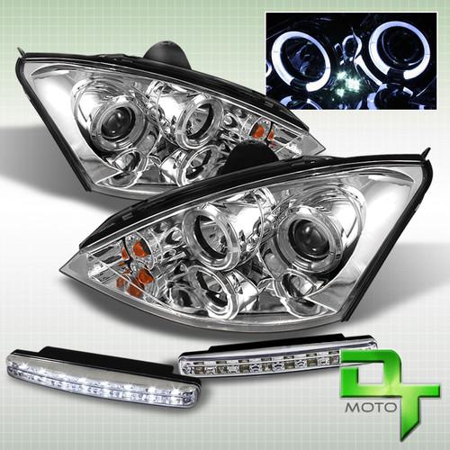 Drl led bumper fog+00-04 ford focus dual halo chrome projector headlights lamps