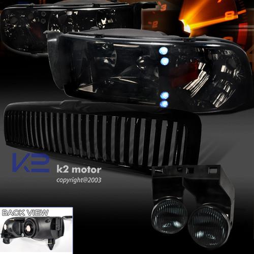 94-01 dodge ram smoke led crystal headlights+fog bumper lamp+black hood grille