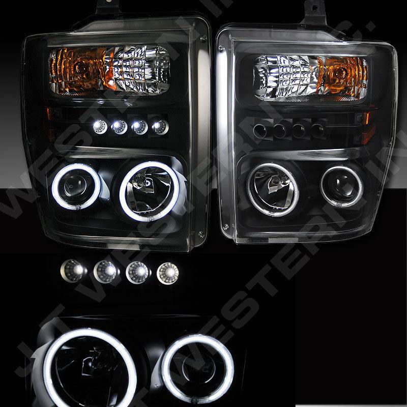 08-10 ford f250 f350 dual ccfl halo rims projector headlights black led parking 