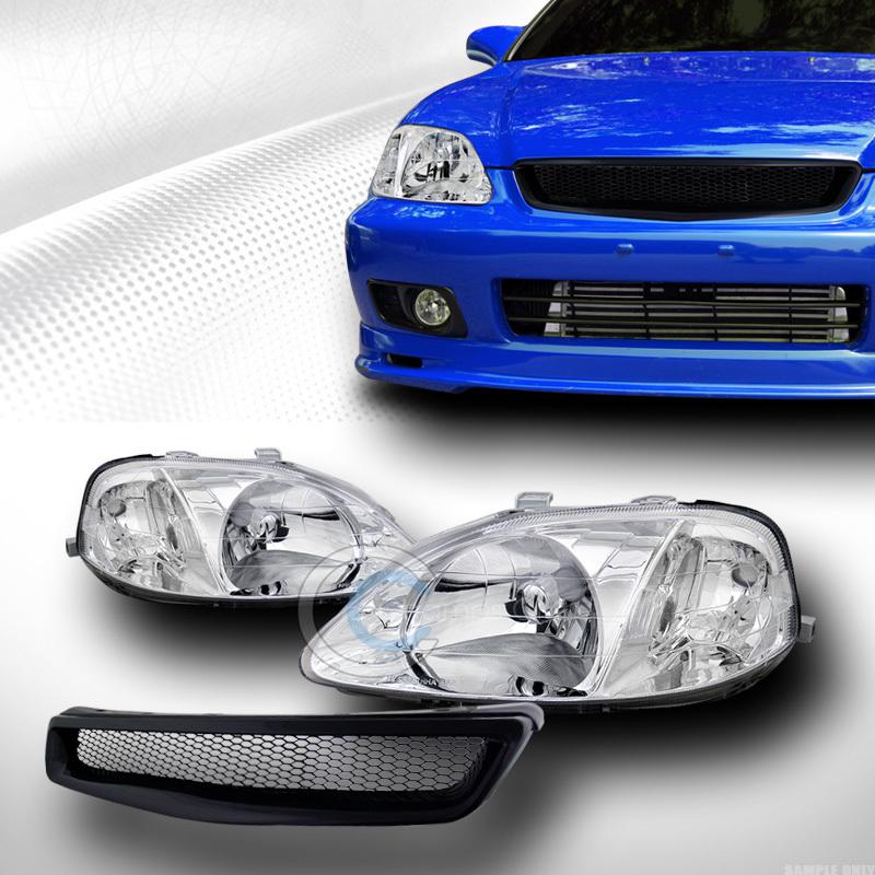 Chrome head lights signal lamps dy+aluminum mesh grill grille 99-00 civic ek ek9