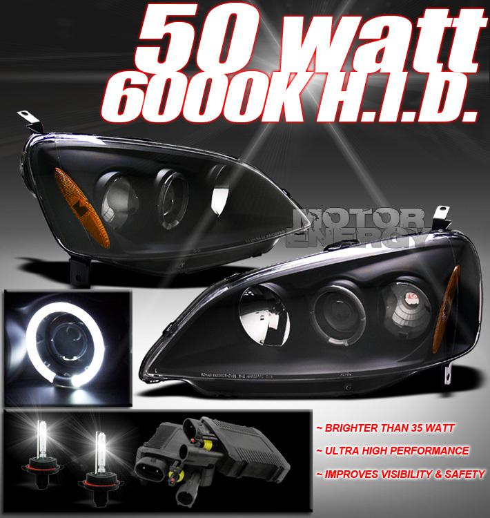 01-03 honda civic halo blk projector headlights+50w hid