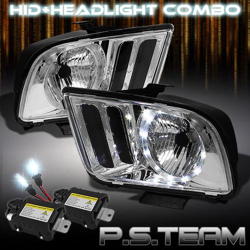 05-09 ford mustang clear crystal led halo headlights+6000k slim ballast hid kit