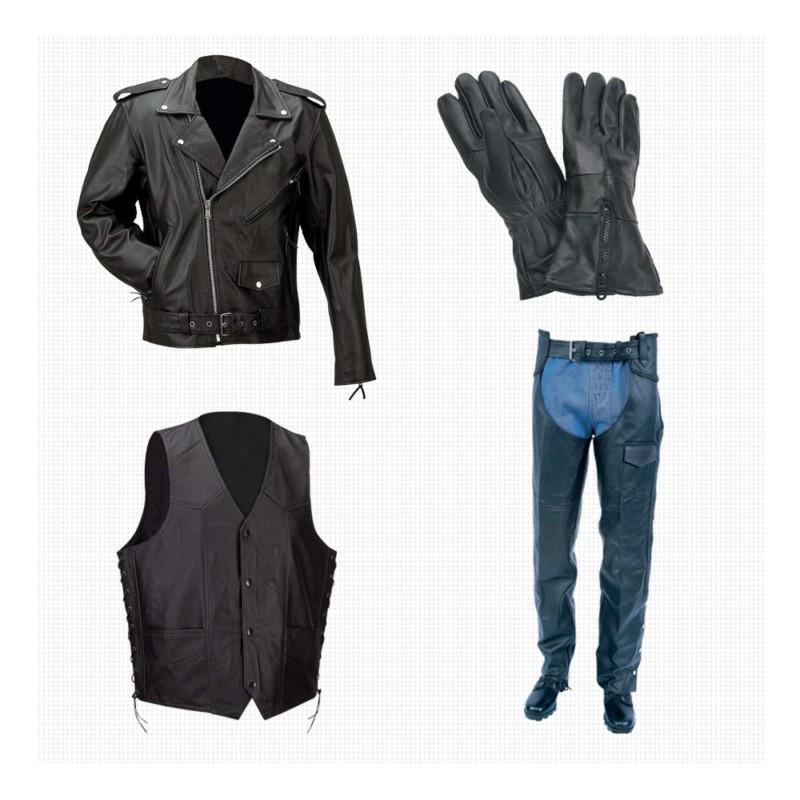 Motorcycle solid leather biker jacket vest chaps gloves combo