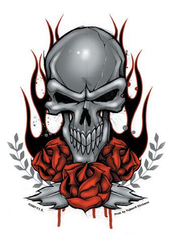 Flaming silver skull and roses  sticker/vinyl decal hot