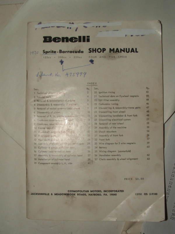 Benelli shop manual and parts catalog for a  sprite or barracuda motorcycle