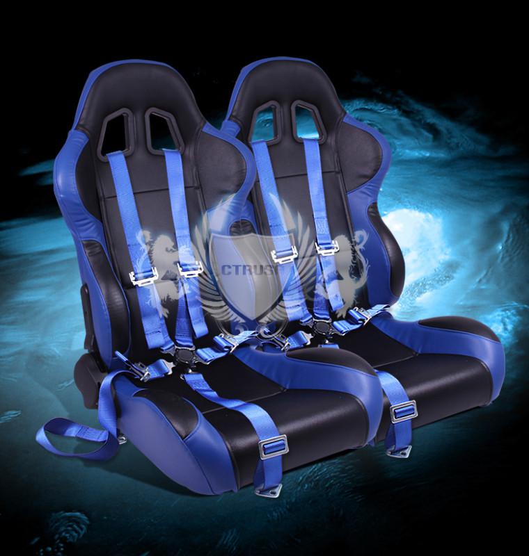 2x reclinable black/blue turino racing bucket seat+5-pt belts camlock strap pair