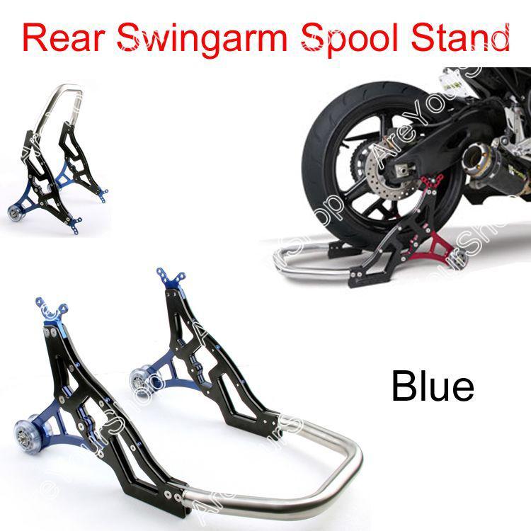 Universal racing motorcycle rear swingarm spool lift stand swing arm blue