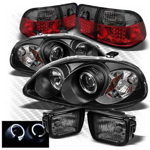 96-98 civic 4dr black pro headlights + r/s led perform tail lights + fog lights