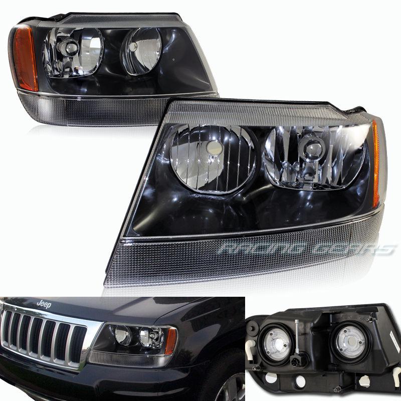 99-04 jeep grand cherokee black housing clear len amber reflector headlight lamp