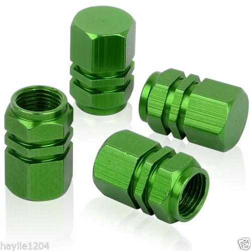 Green universal fit tire rim wheel valves stems caps 4 pcs metal