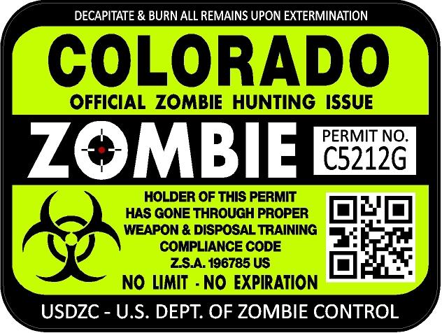 Colorado zombie hunting license permit 3"x4" decal sticker outbreak 1216