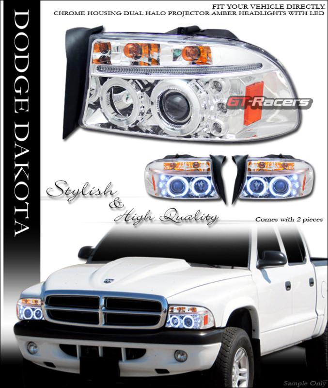 Chrome drl led 2*halo rims projector head lights signal 1997-2004 dakota/durango