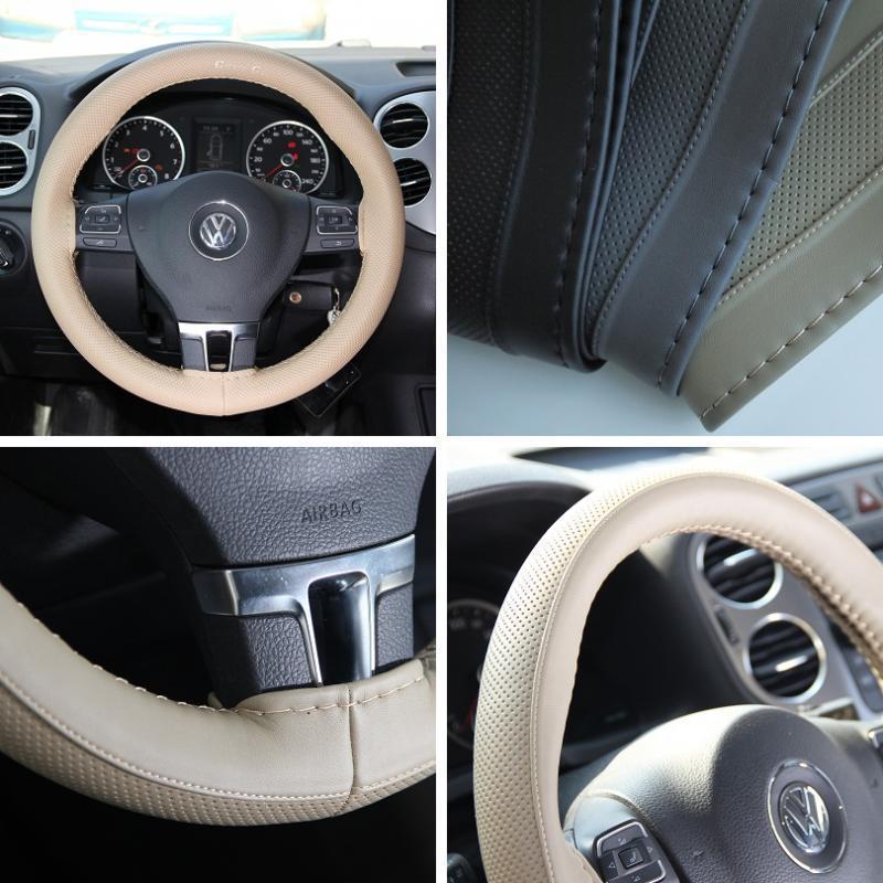 Beige pvc leather steering wheel wrap cover w/needle & thread diy 14-15" fit kia