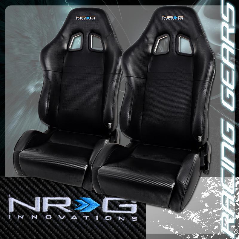 2x nrg carbon fiber style pvc leather reclinable racing seat + adjustable slider