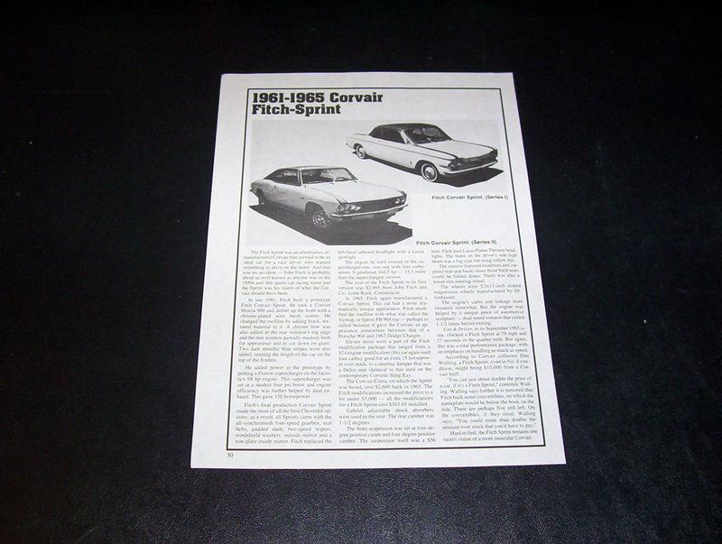 The 1961 to 65 chevy corvair fitch sprint car info spec page free ship!