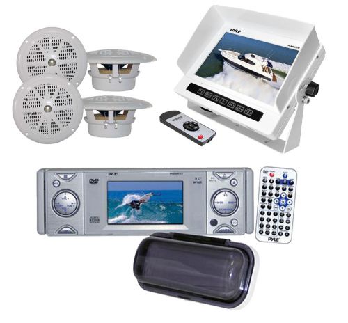 Pyle marine dvd cd receiver w/3&#034; monitor + anti-glare monitor 4 x 5.25&#034; speakers