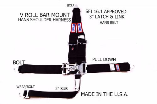 Rjs racing sfi 16.1 5pt hans latch &amp; link v roll bar mount belt blk 1139801