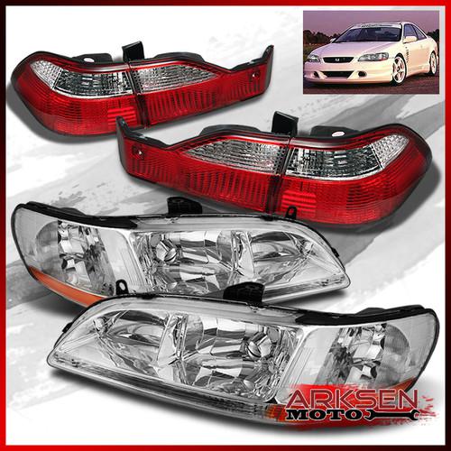 98-02 accord amber chrome headlights+jdm red clear altezza style tail lights set