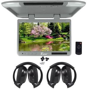 Tview t257ir-gr 25&#034; gray flip down wide screen car monitor +2 wireless headsets