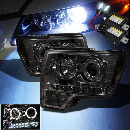 Slim 6000k xenon hid+smoked 09-13 f150 halo led projector headlights head lights