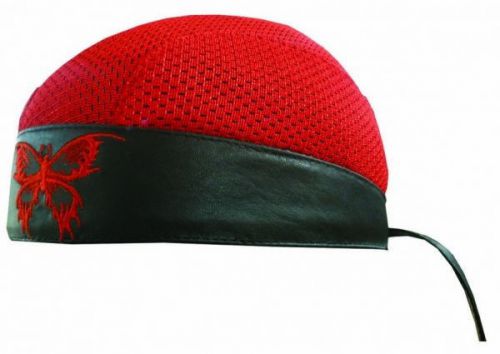 Red biker skull cap du-rag genuine leather &amp; mesh - head wrap butterfly