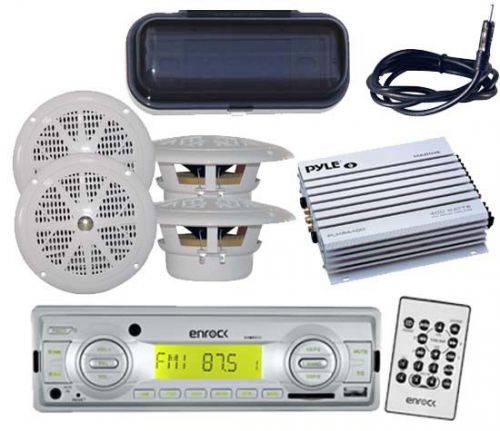 New marine motorcycle radio usb w/4 x 4&#034; speakers &amp; remote cover amp antenna kit