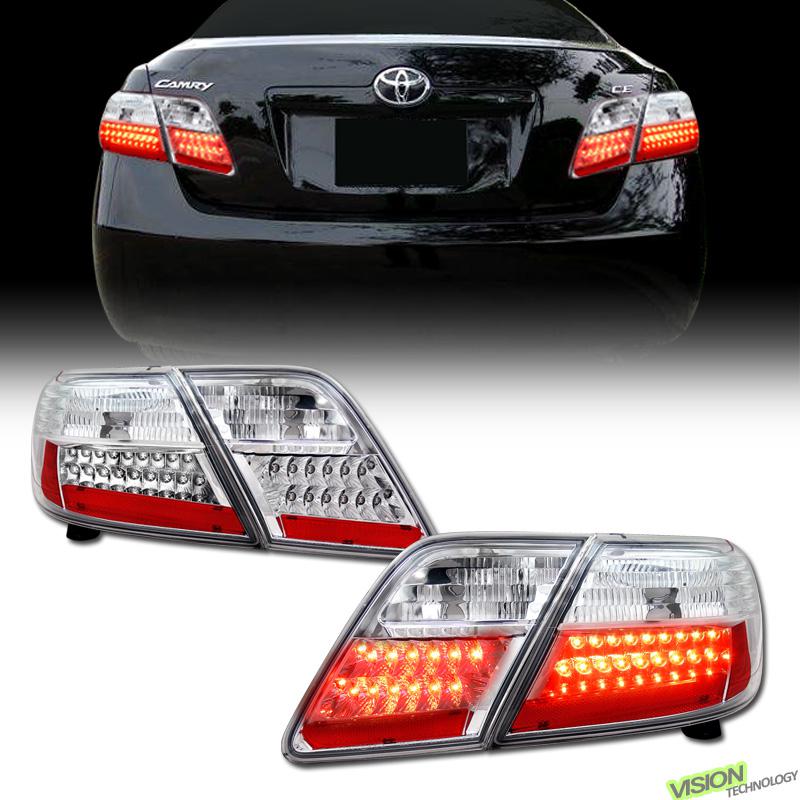 07-09 camry 4d/4dr sedan chrome clear led tail lights brake/stop lamps pair l+r