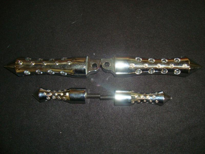 Peg and shifter set - chrome w/ sharp tribal design + machined holes