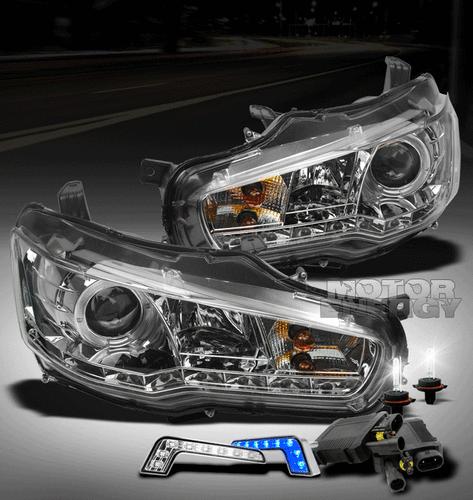 2008-2012 lancer evo x halo led chrome projector head light w/blue drl+6000k hid