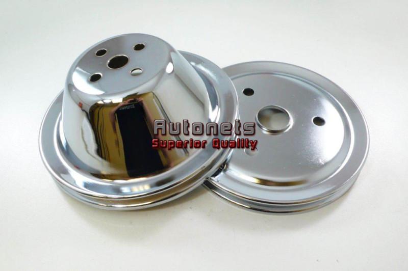 Chrome steel small block chevy short water pump pulley set 1 groove hot rat rod