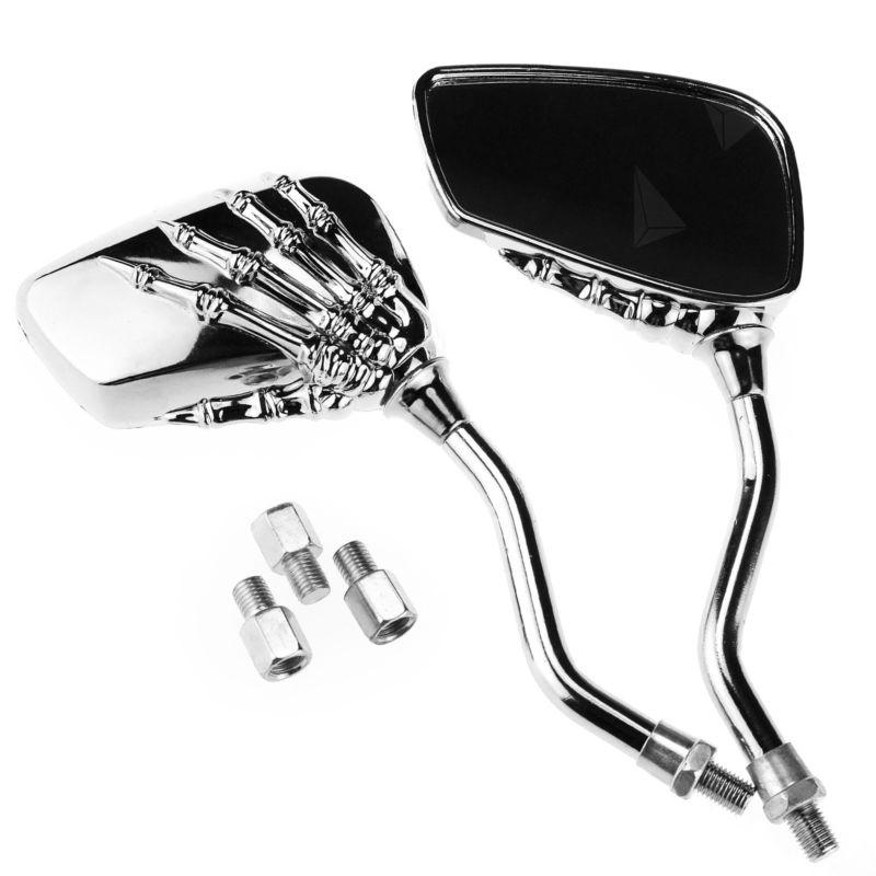 Motorcycle fashion chrome skeleton skull mirrors, bike motorbike rear view 10mm