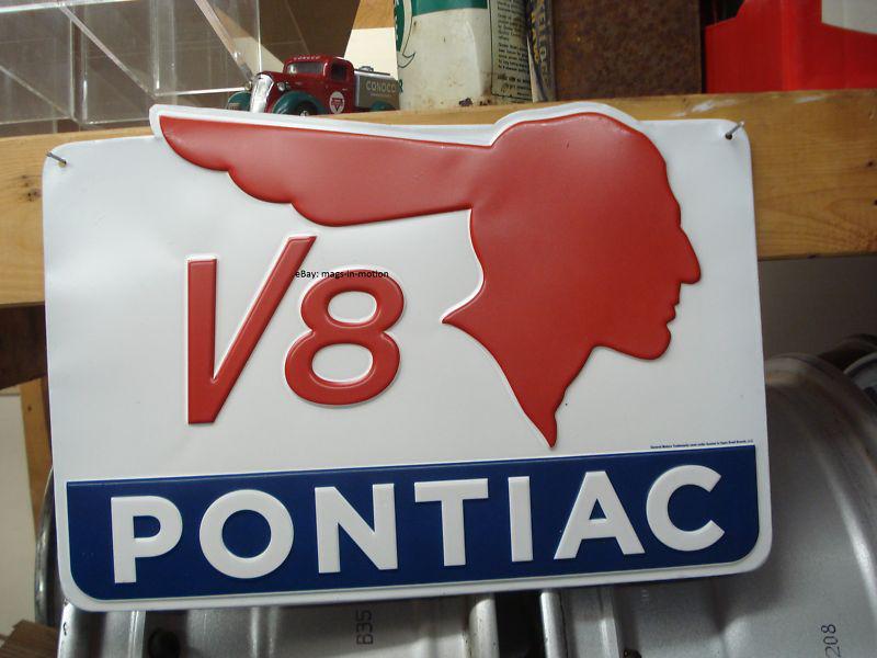 *embossed metal sign*___pontiac v8 logo with indian head __(( ships worldwide ))