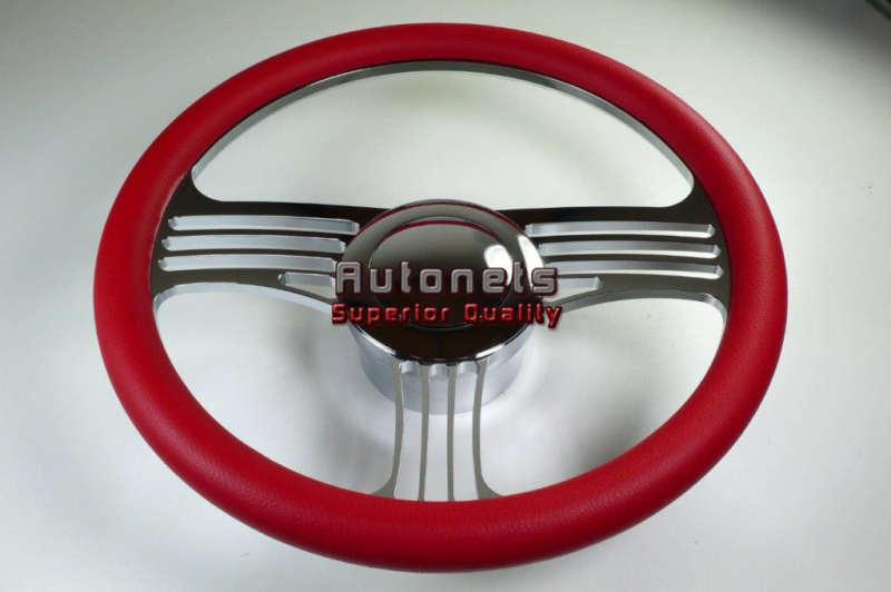 Red leather slash camaro hot rod steering wheel chrome aluminum horn adapter