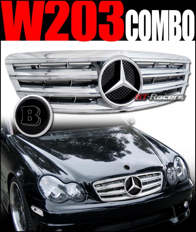 Chrome amg style front grill grille w/b hood emblem 2001-2007 benz w203 c-class