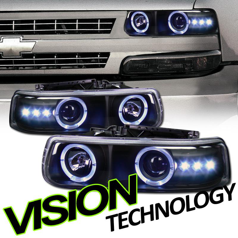 99-02 chevy silverado jdm blk dual halo led projector headlights headlamps pair