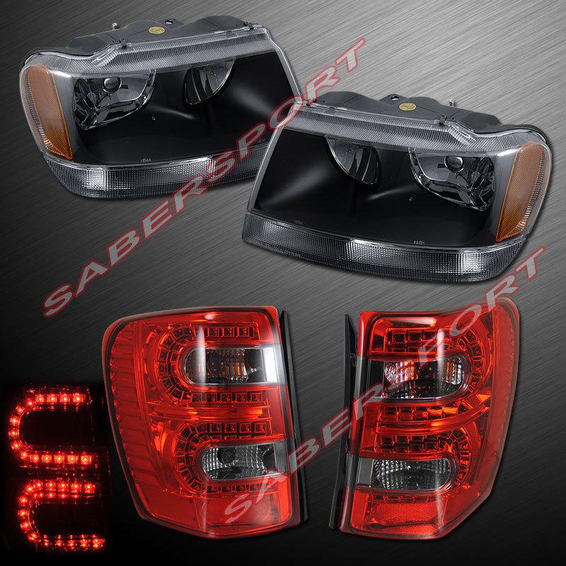 99-04 jeep grand cherokee black headlights + "l.e.d." tail lights led red smoke