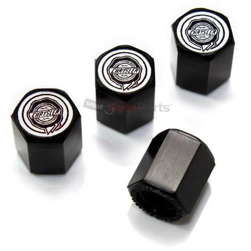 (4) chrysler silver logo black tire/wheel air pressure stem valve caps covers