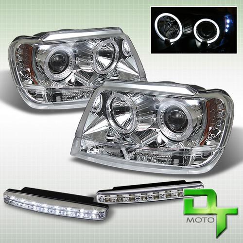 Drl led bumper fog + 99-04 grand cherokee dual halo chrome projector headlights