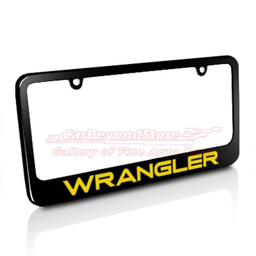 Jeep yellow wrangler black metal license plate frame, licensed + free gift